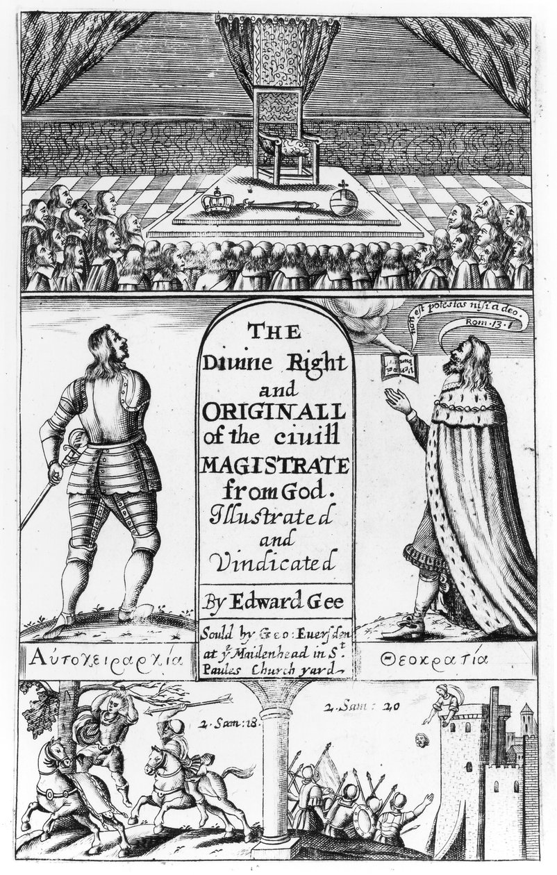 Nimisivu jumalalliseen oikeuteen ja jumalan siviilituomarin alkuperäiskappale, kaivertanut Edward Gee, 1658 tekijältä English School