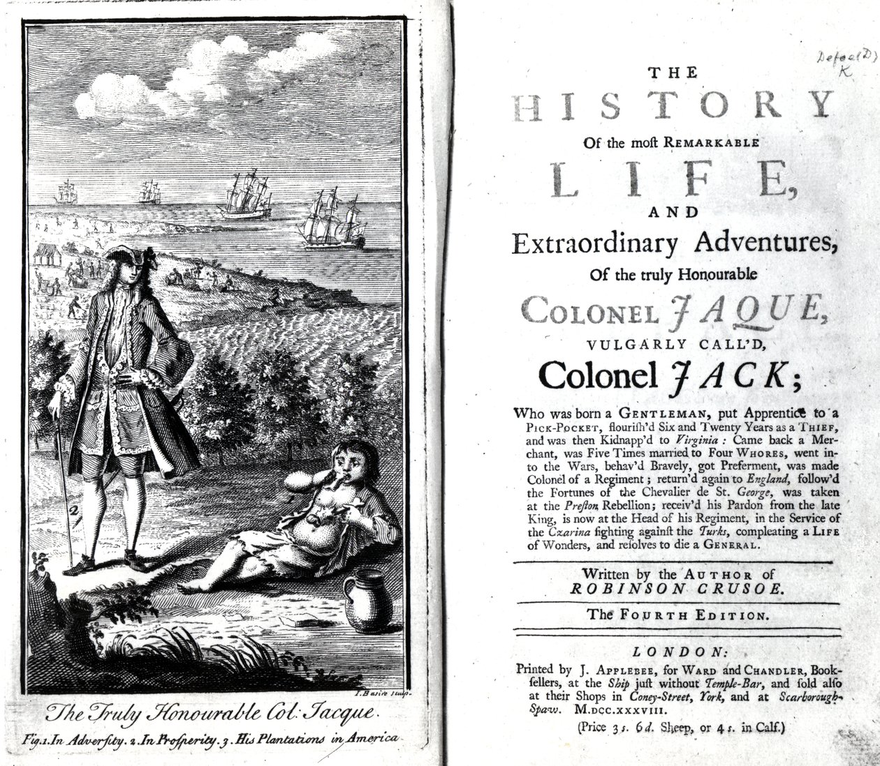 Daniel Defoen nimilehti ja etukappale todella kunnianarvoisan eversti Jaquen merkittävimmän elämän ja poikkeuksellisten seikkailujen historiaan, 1738 tekijältä English School
