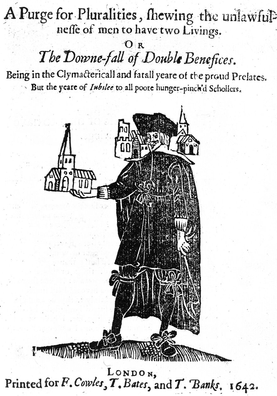 Nimisivu teokselle A Purge for Pluralities painettu F. Cowlesille, T. Batesille ja T. Banksille, 1642 tekijältä English School