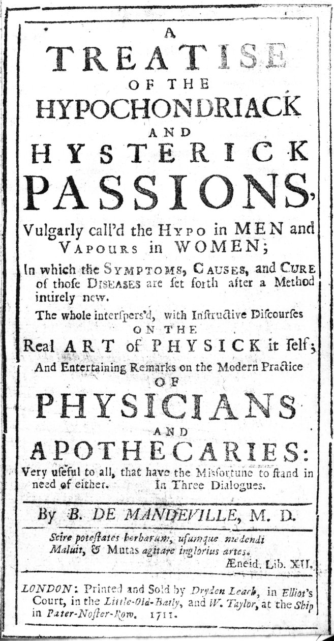 Nimisivu Bernard de Mandevillen teokselle "Traketti hypochondriack and Hysterick Passionsista", julkaistu 1711 (painettu paperi) tekijältä English School