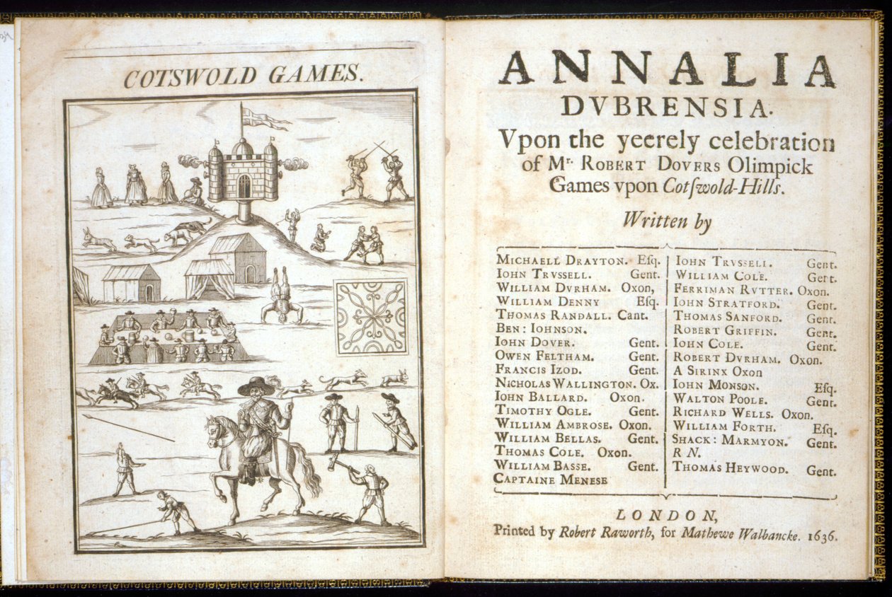 Annalia Dubrensian otsikkosivu: Mr. Robert Doversin Yeerely-juhlissa Cotswold Hillsissä 1636 olympiakisoissa tekijältä English School