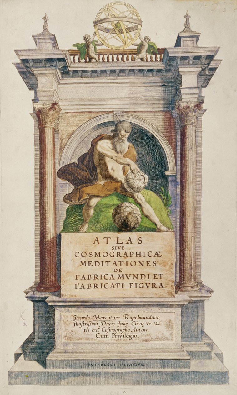 Nimisivu Mercators Atlas sive Cosmographicae meditationes de fabrica mundi et fabricati figura, 1595 (värikaiverrus) tekijältä English School