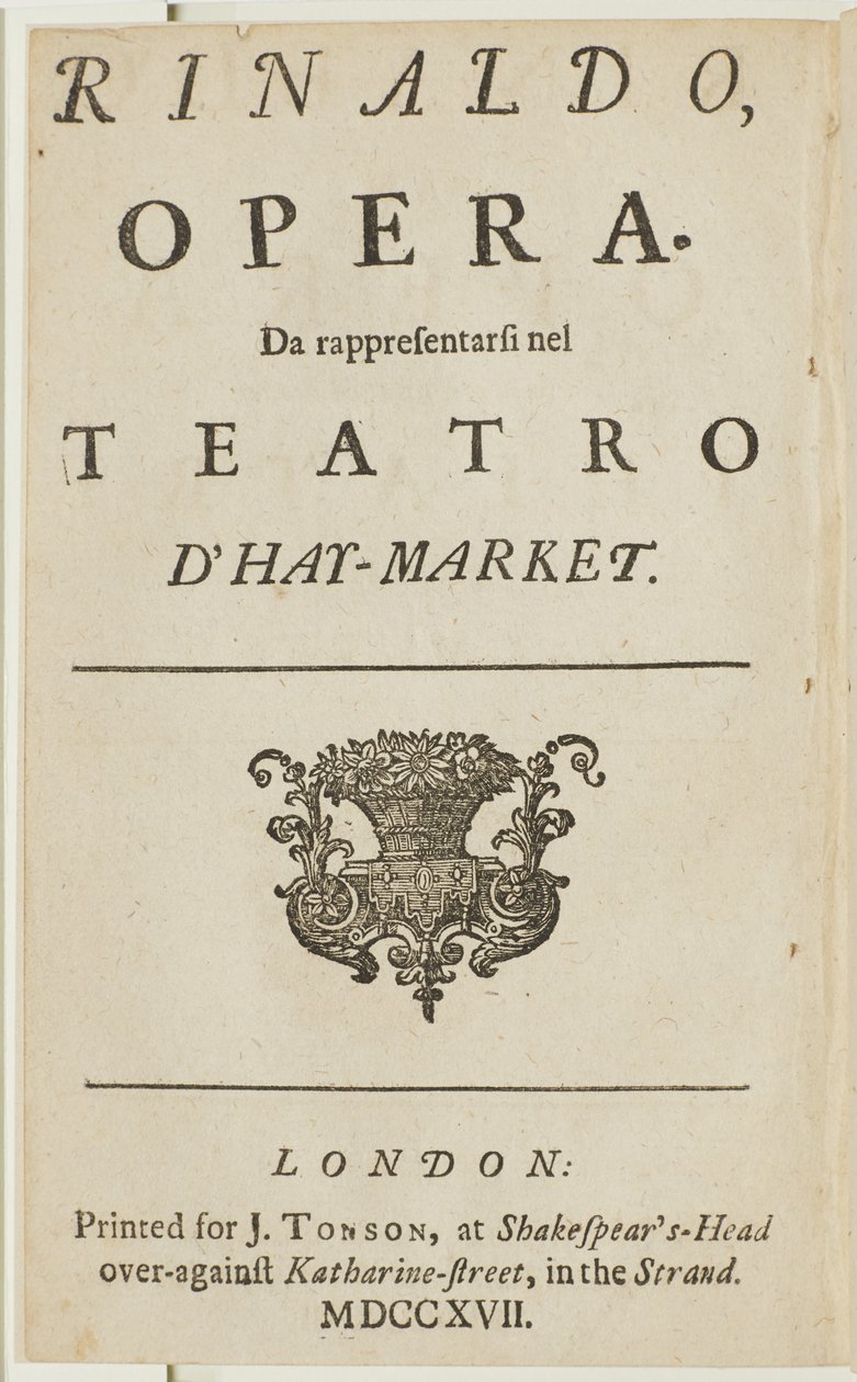Nimisivu Händelin oopperan "Rinaldo" libretosta, Giacomo Rossi, 1717 tekijältä English School
