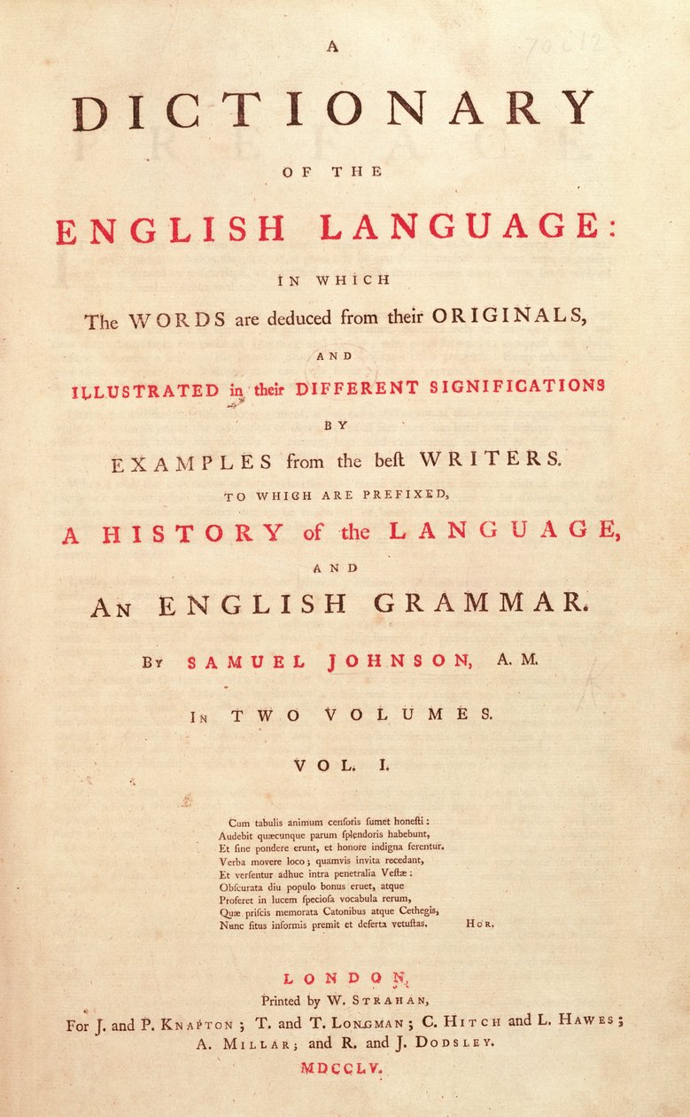 Johnsons Dictionary of the Human Language London, 1755, otsikkosivu tekijältä English School