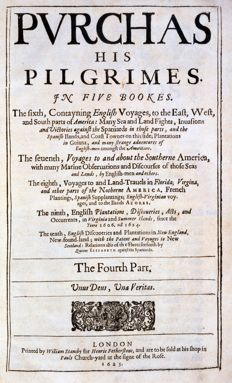 Samuel Purchasin Purchas his Pilgrimes -julkaisun nimisivu, julkaistu 1625 tekijältä English School