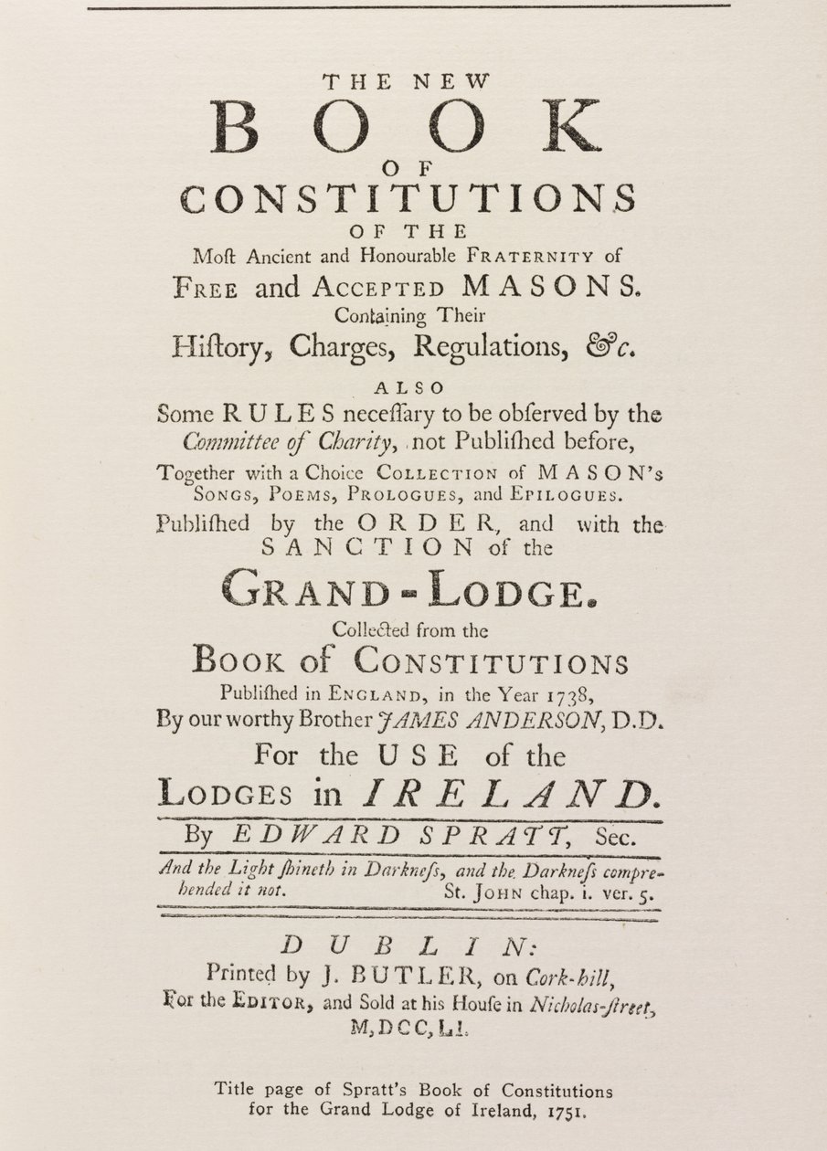 Irlannin suurloosin Spratts Book of Constitutions -kirjan nimisivu, 1751 tekijältä English School