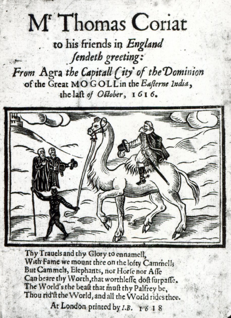 Thomas Coryatsin postuumisti painettu kertomus hänen matkoistaan Intiassa, julkaistu Lontoossa 1618, otsikkosivu (painettu paperi ja puupiirros) tekijältä English School
