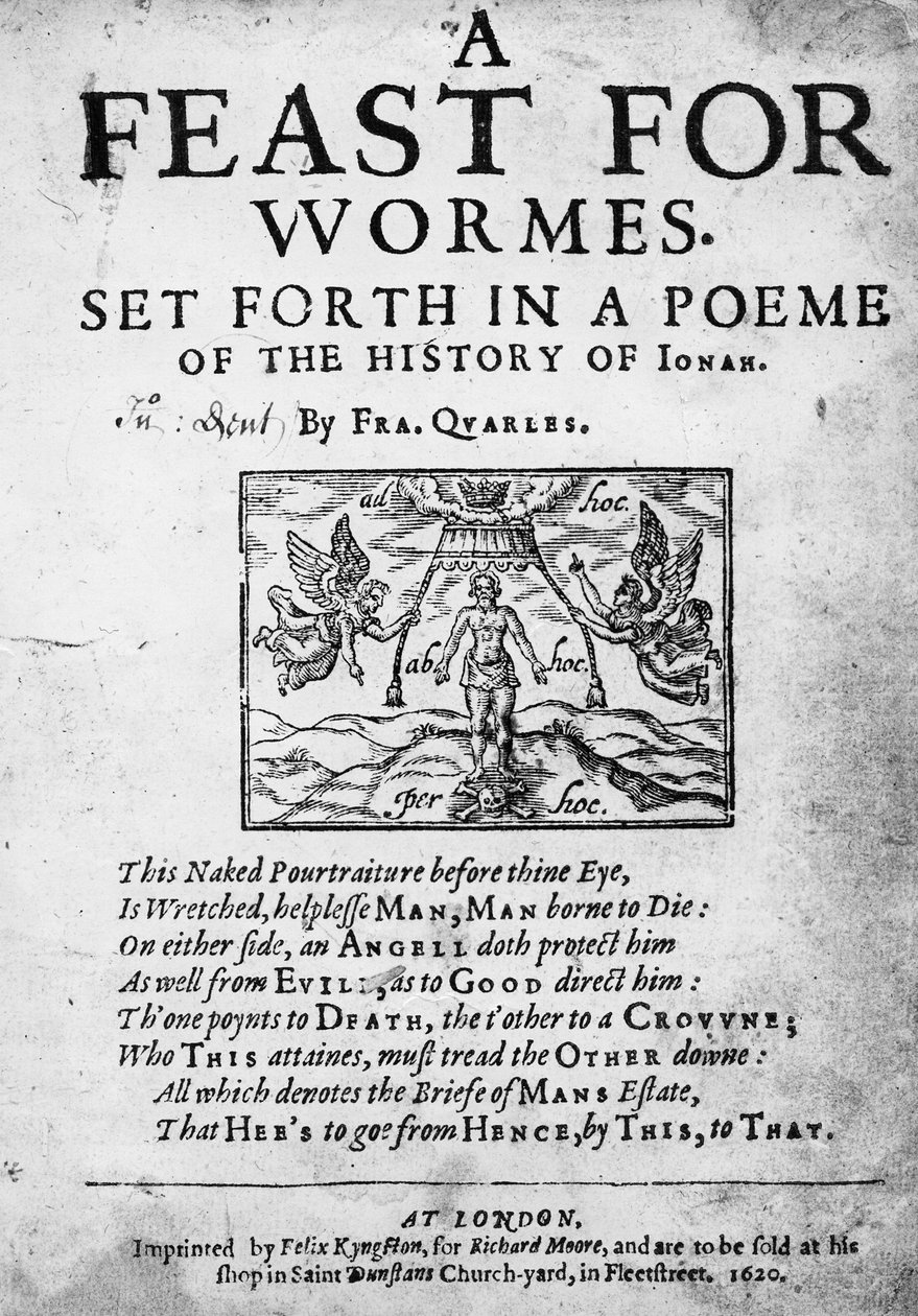 Nimisivu madoille, joka on esitetty Francis Quarlesin runossa Joonan historiasta, 1620 tekijältä English School