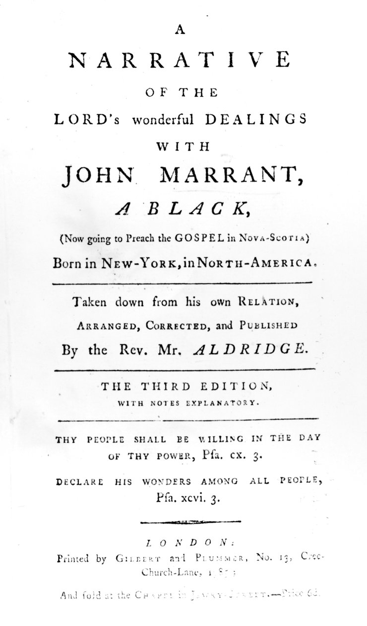 Nimisivu kirjalle A Narrative of the Lords Wonderful Dealings with John Marrant, A Black, kirjoittanut pastori William Aldridge, 1785 tekijältä English School