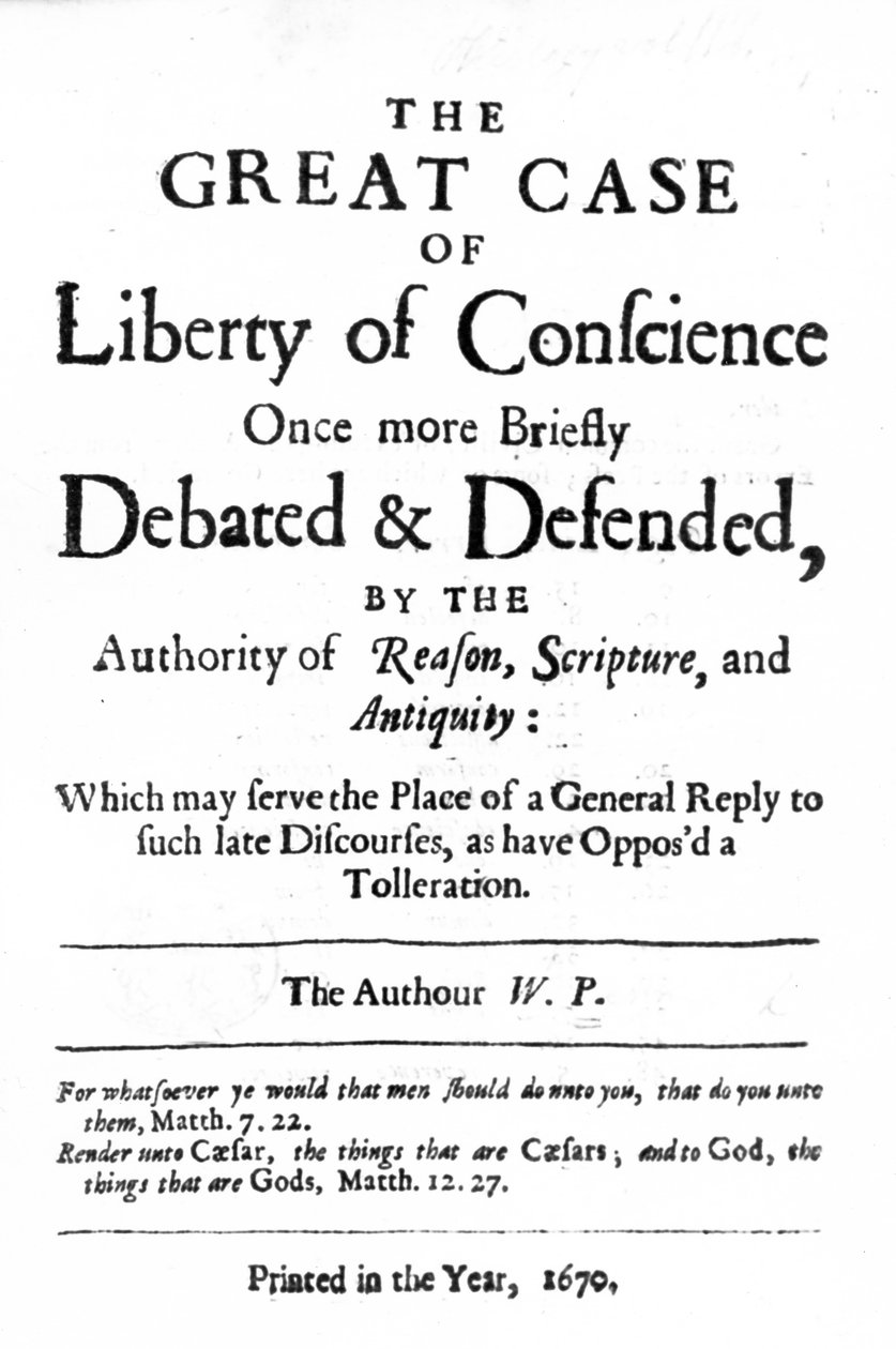 William Pennin vuonna 1670 julkaistun The Great Case of Conscience -kirjan nimisivu tekijältä English School
