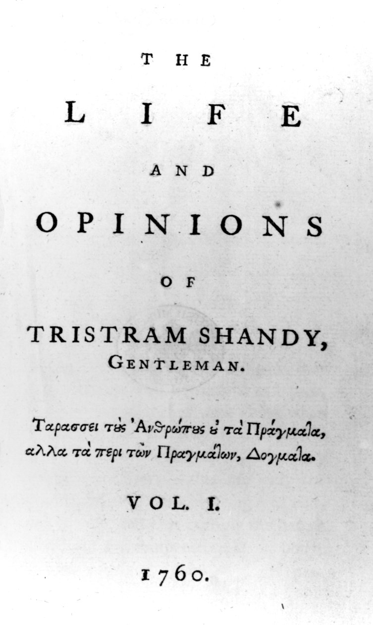 Laurence Sternen vuonna 1760 julkaistun Tristram Shandyn, Gentlemanin elämä ja mielipiteet, nimisivu tekijältä English School
