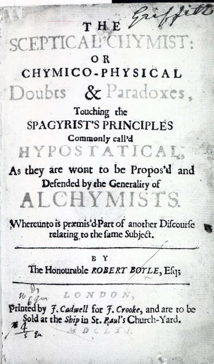 Nimisivu Robert Boylen teokseen Skeptical Chymist, 1661 (painettu) tekijältä English School