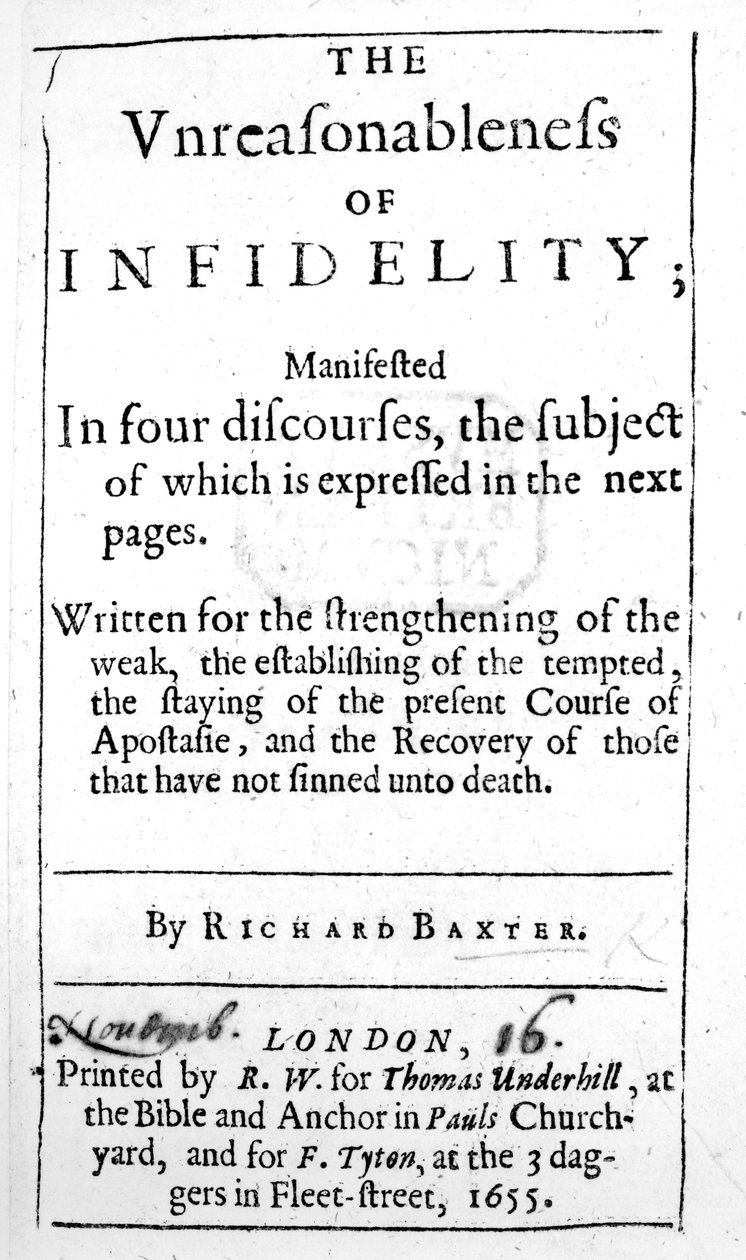 Nimisivu Richard Baxterin teokseen The Unreasonableness of Infidelity, julkaistu vuonna 1655 tekijältä English School