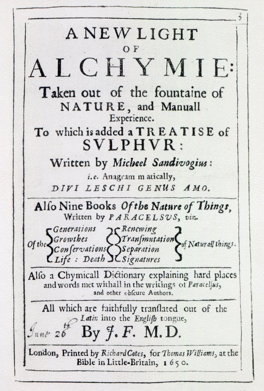 Nimisivu Michal Sedziwojin kirjan A New Light on Alchemy englanninkieliseen painokseen, 1650 (painettu) tekijältä English School