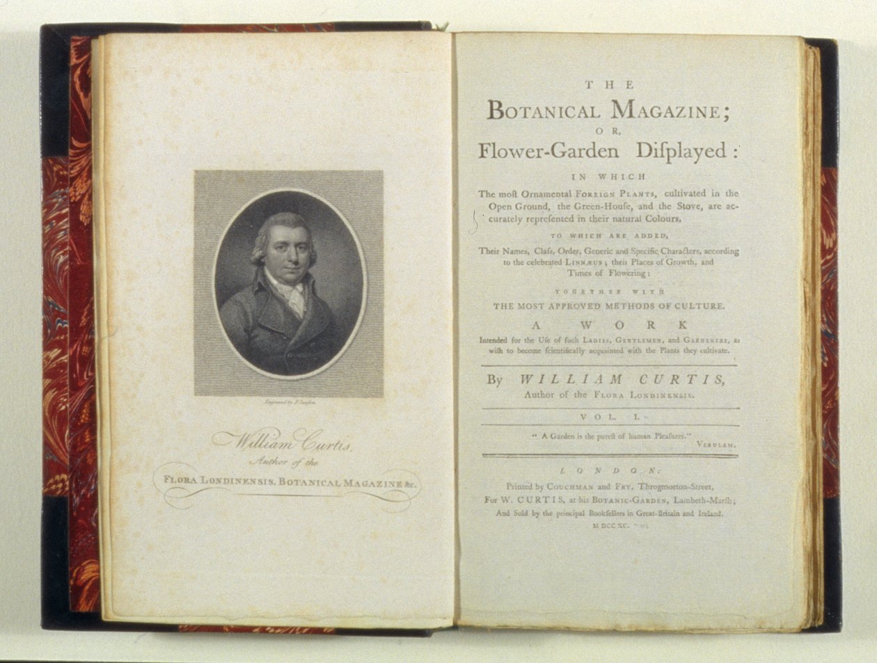 Nimisivu William Curtisin (1749-1799) muotokuvalla, The Botanical Magazine tai Flower-Garden Displayed, kirjoittanut William Curtis, julkaistu 1790 tekijältä English School