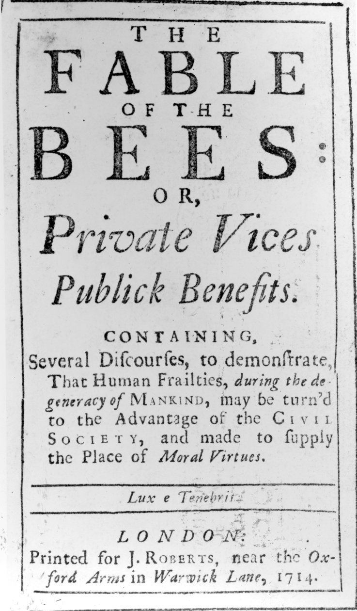 Nimisivu Bernard de Mandevillen teokseen The Fable of the Bees, 1714 tekijältä English School