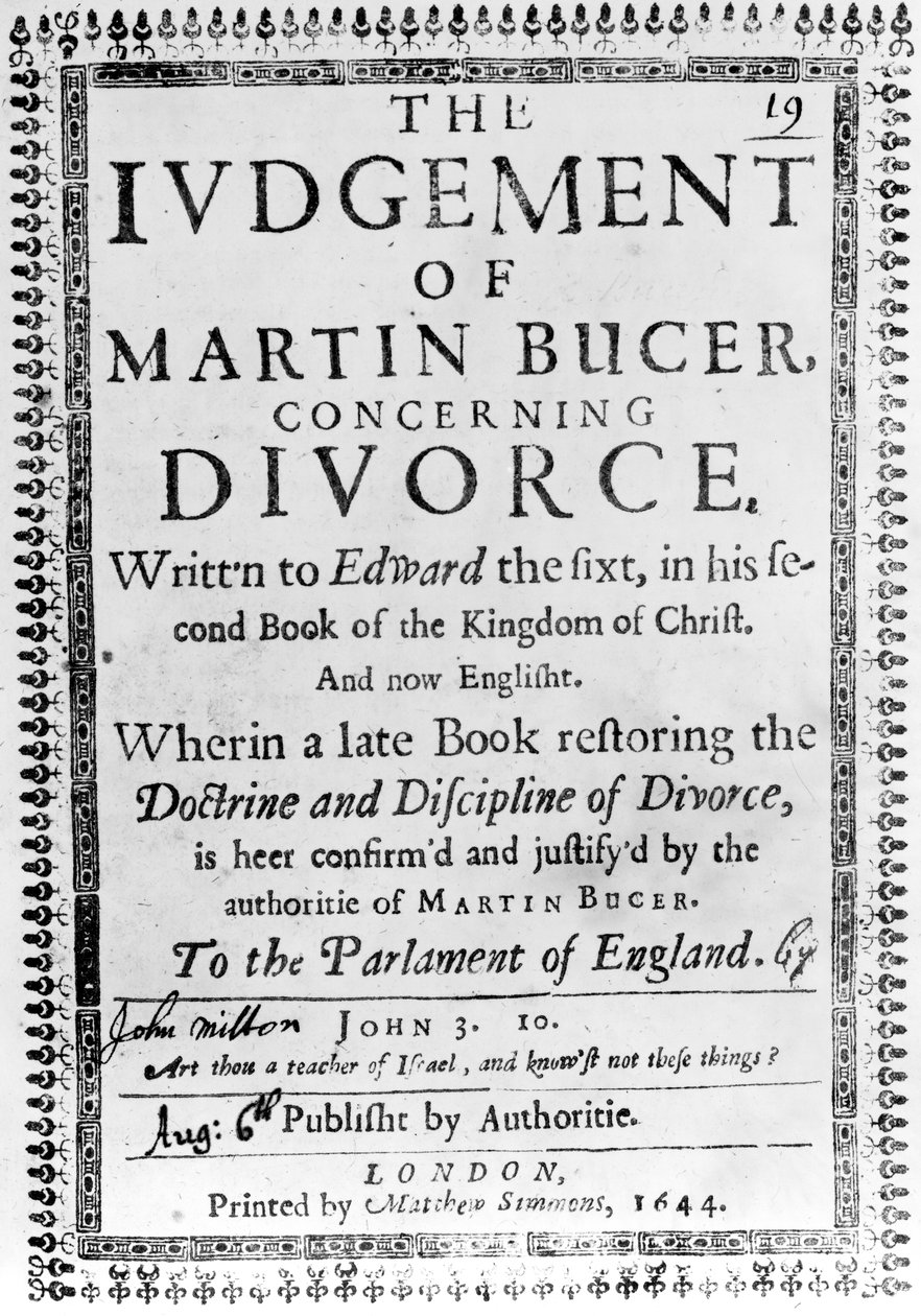 Nimisivu julkaisusta The Judgement of Martin Bucer, joka koskee John Miltonin avioeroa, julkaistiin vuonna 1644 (painettu paperi) tekijältä English School