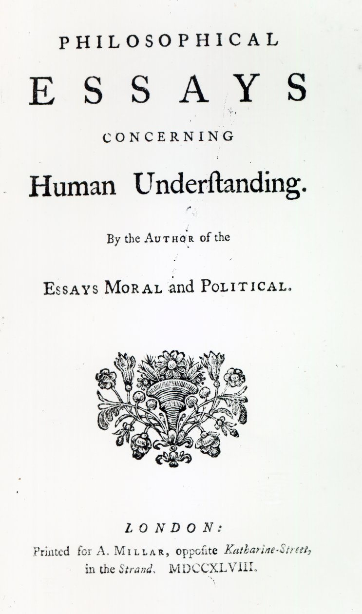 David Humen filosofisten esseiden nimikkosivu ihmisymmärrystä, 1748 (painettu) tekijältä English School
