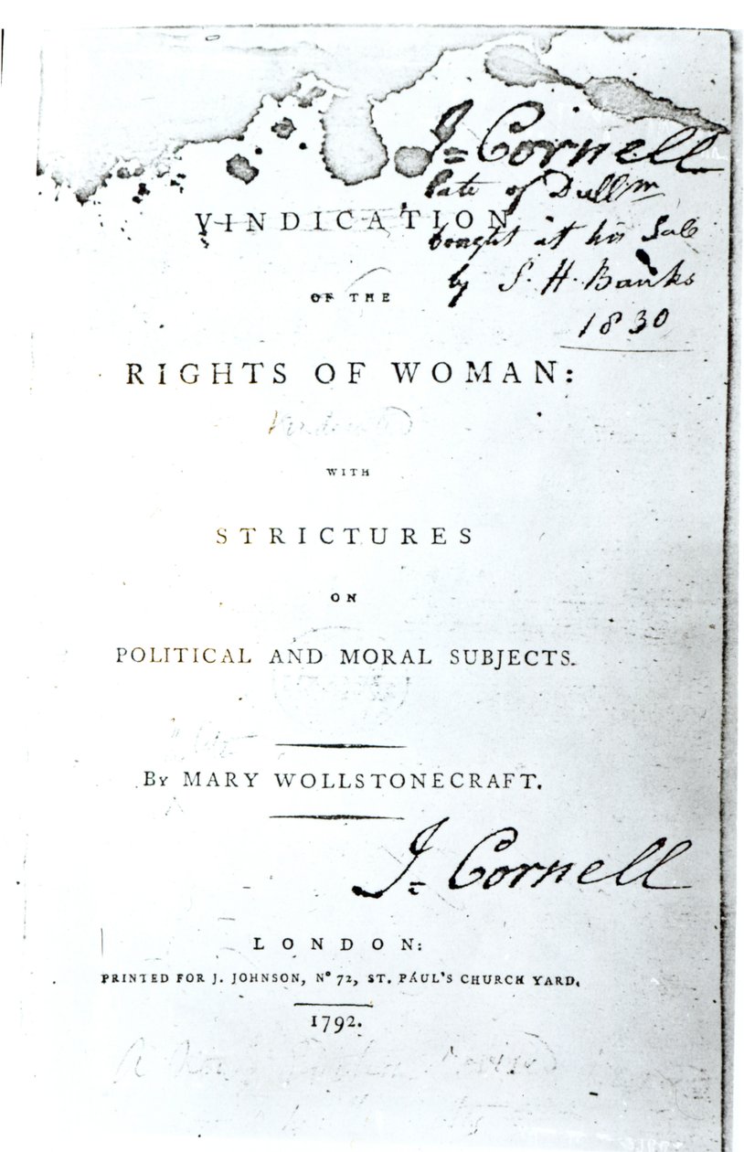 Mary Wollstonecraftin julkaisun Vindication of the Rights of Woman nimisivu, julkaistu vuonna 1792 tekijältä English School
