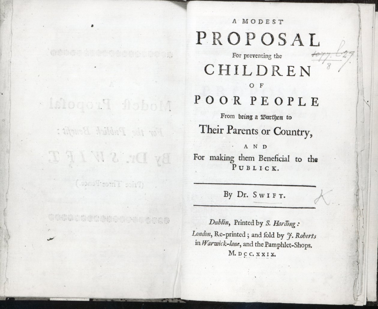 Nimisivu Jonathan Swiftin vaatimalle ehdotukselle, julkaistu vuonna 1729 (painettu) tekijältä English School
