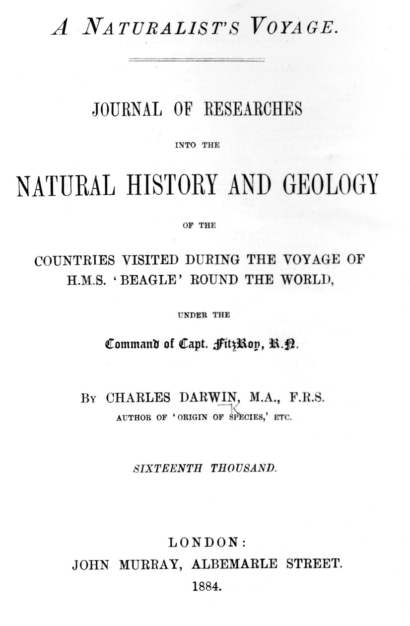 Charles Darwinin artikkelin A Naturalists Voyage Around the World otsikkosivu, painos julkaistiin vuonna 1884 (painettu paperi) tekijältä English School