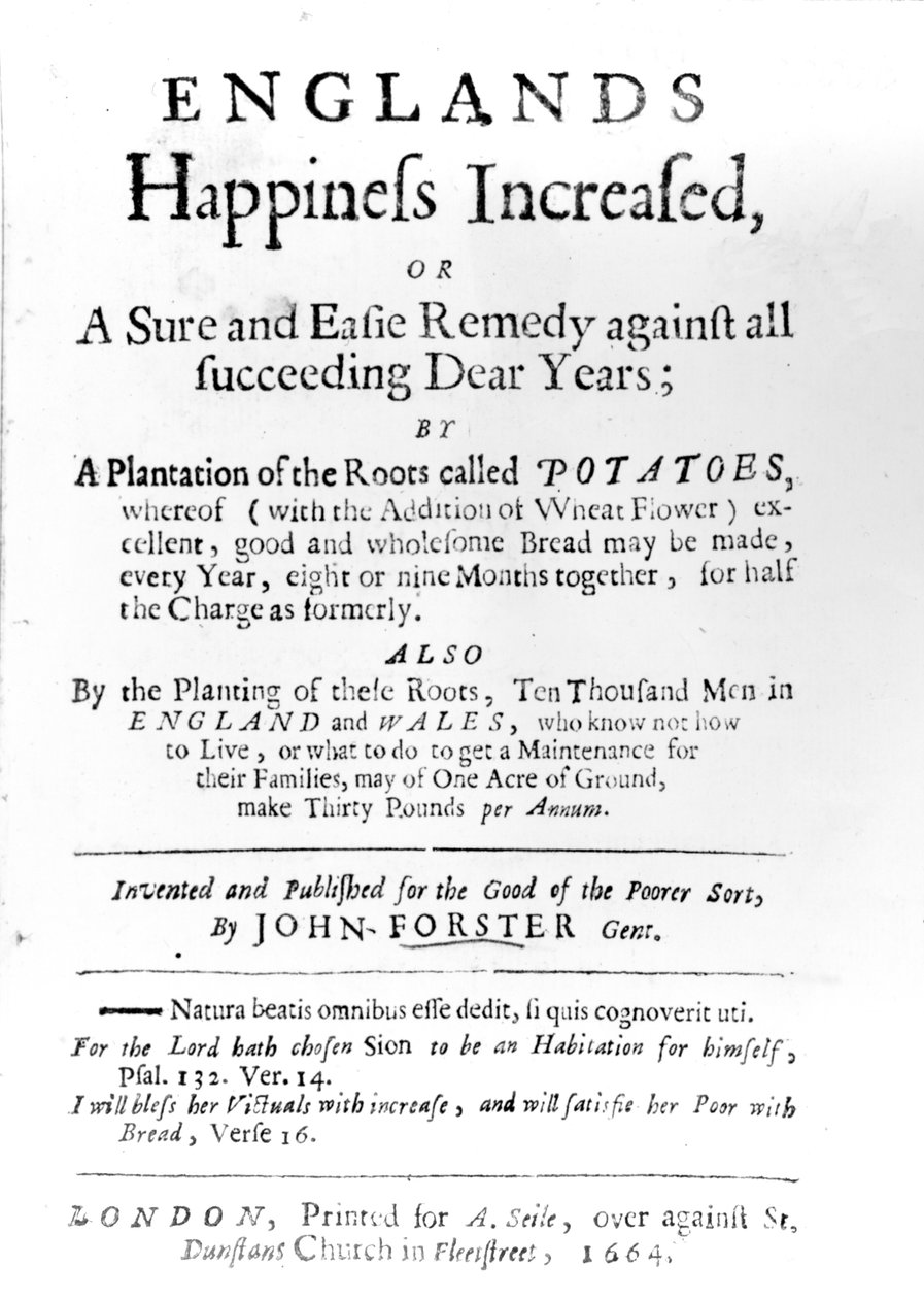John Forsterin Englannin Happiness Increased -julkaisun otsikkosivu, julkaistu vuonna 1664 (painettu paperi) tekijältä English School