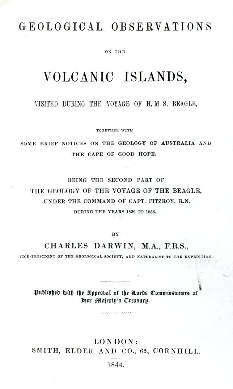 Nimisivu Charles Darwinin geologisiin havaintoihin vulkaanisilla saarilla, 1844 (painettu paperi) tekijältä English School