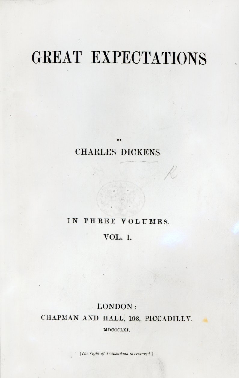 Charles Dickensin suurten odotusten otsikkosivu, ensimmäinen painos, 1861 (painettu) tekijältä English School