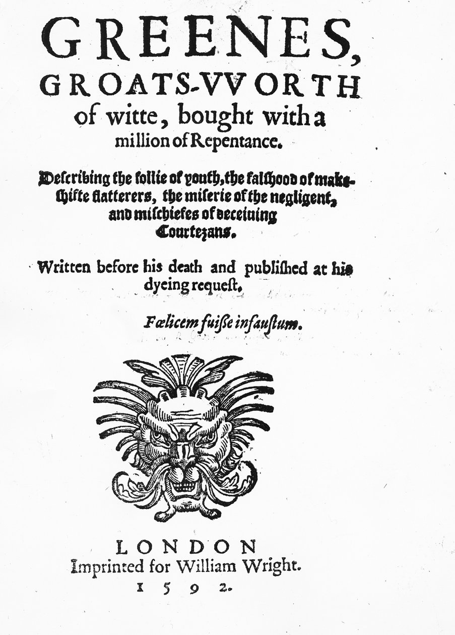 Nimisivu Greenes Groats-Worth of Witille, osoitettu Robert Greenelle, julkaistu vuonna 1592 (painettu paperi) tekijältä English School