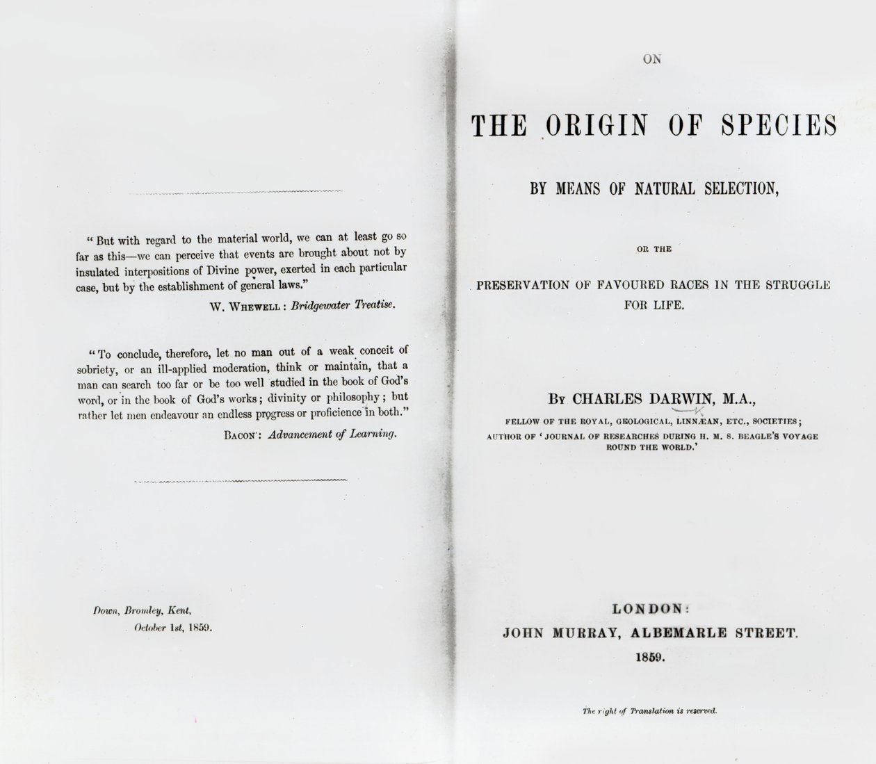Charles Darwinin vuonna 1859 julkaistun Lajien alkuperän otsikkosivu tekijältä English School