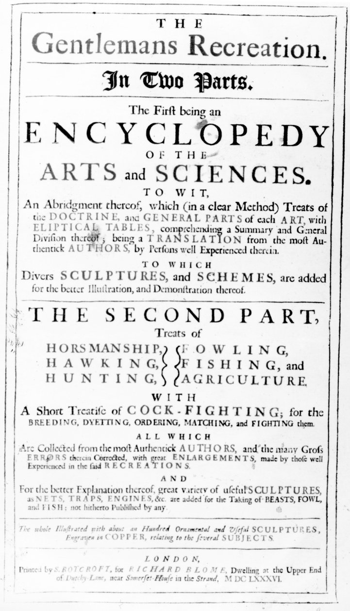 Richard Blomen julkaiseman The Gentlemans Recreationin otsikkosivu, 1686 tekijältä English School