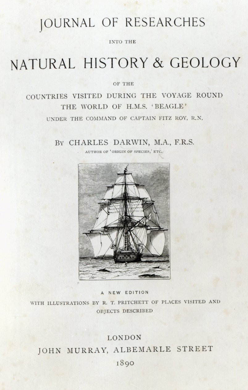 Nimisivu Charles Darwinin teokseen The Voyage of the Beagle, painos julkaistiin vuonna 1890 tekijältä English School