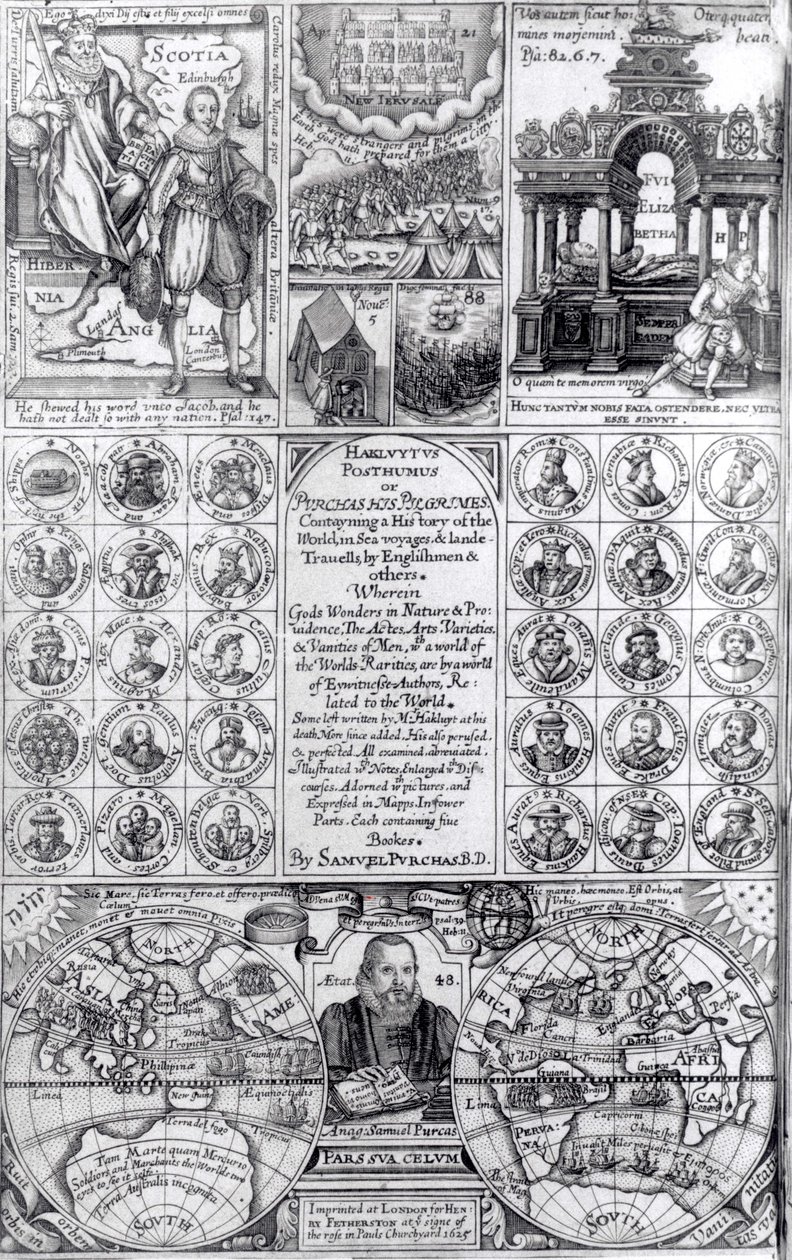 Hakluytus Posthumus or Purchas His Pilgrimes, 1625 julkaistun ensimmäisen painoksen otsikkosivu tekijältä English School