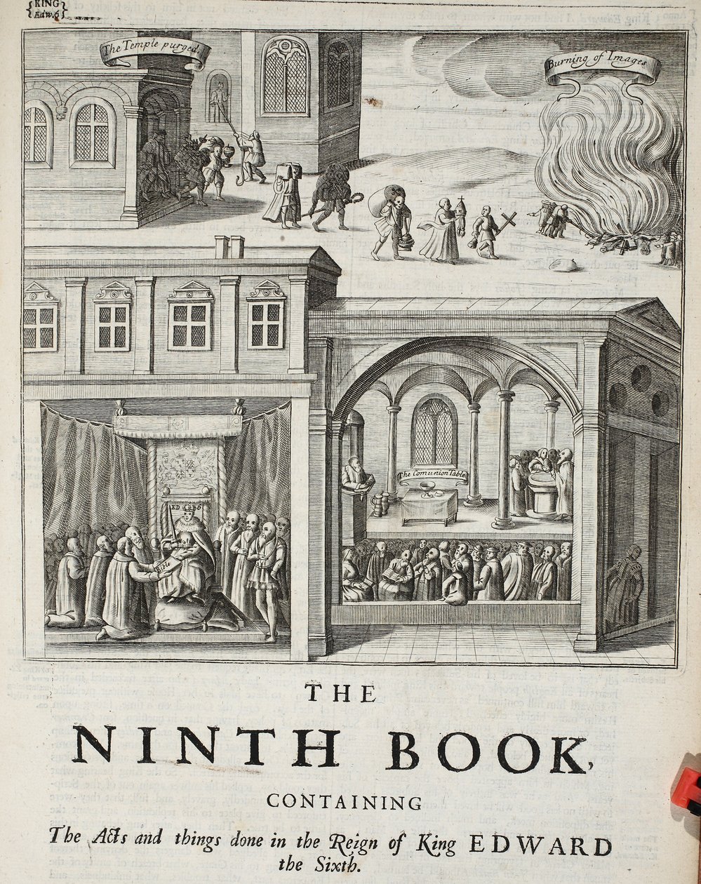 Yhdeksännen kirjan otsikkosivu, John Foxen kuvitus teoksesta Apostolien teot ja monumentit, yhdeksäs painos, pub. 1684 tekijältä English School