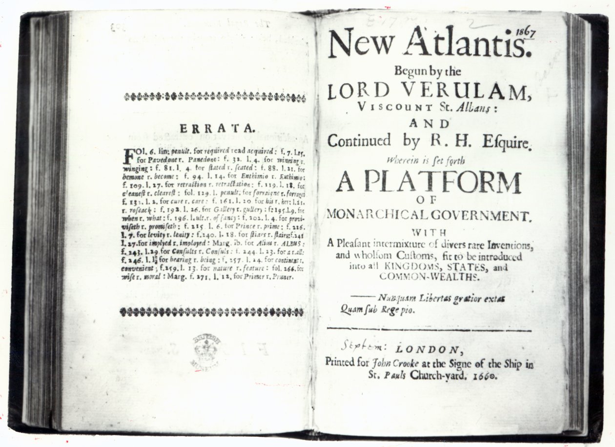 Nimisivut Francis Baconin New Atlantikselle, painos julkaistu vuonna 1660 (painettu) tekijältä English School