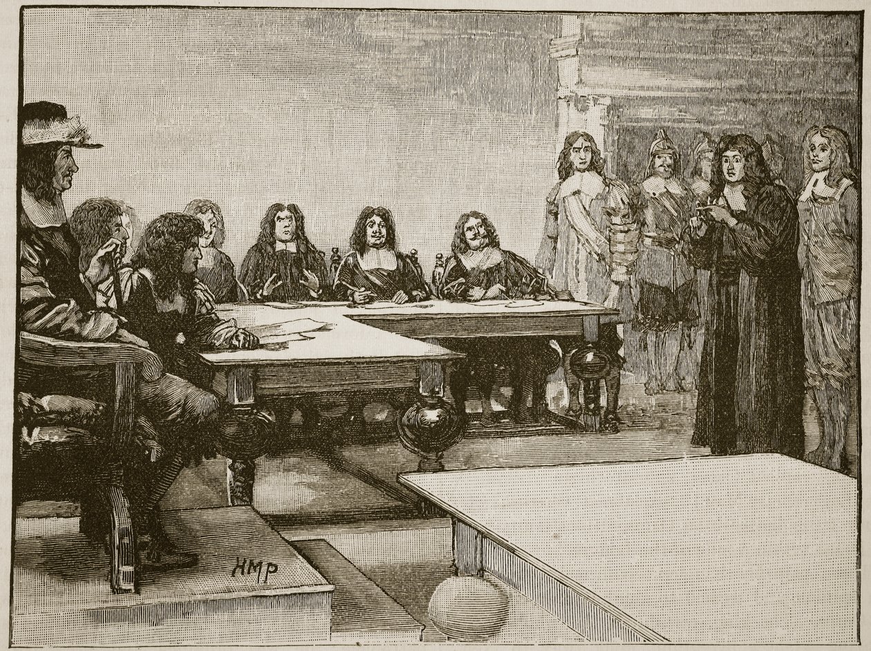 Titus Oates Privy Councilin edessä, kuvitus Cassells Illustrated History of Englandista (seepiakuva) tekijältä English School