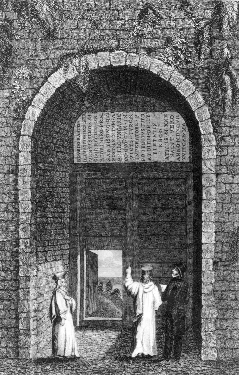 Britannian suurlähettilään Edward Bartonin (k. 1597) hautakivi Prinssisaarten luostarin portin päällä, Robert Walshin asunnosta Konstantinopolissa, 1836 tekijältä English School