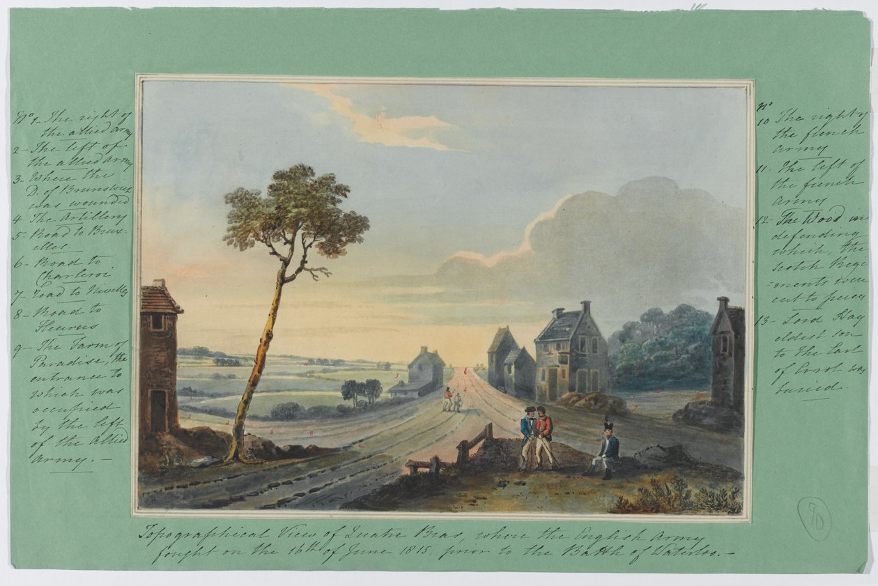 Topografinen kuva Quatre Brasista, jossa Englannin armeija taisteli 16. kesäkuuta 1815 ennen Waterloon taistelua, n. 1815 (wc paperilla) tekijältä English School