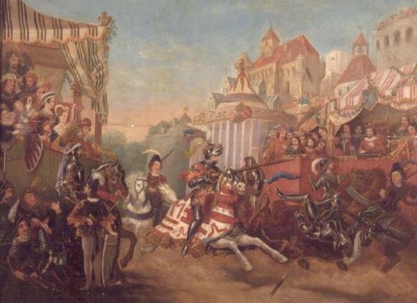 Tournament sa Calais noong 1416, na naglalarawan kay Richard, Earl ng Warwick, inalis ang kabayo kay Collard Fynes (panel)finn tekijältä English School
