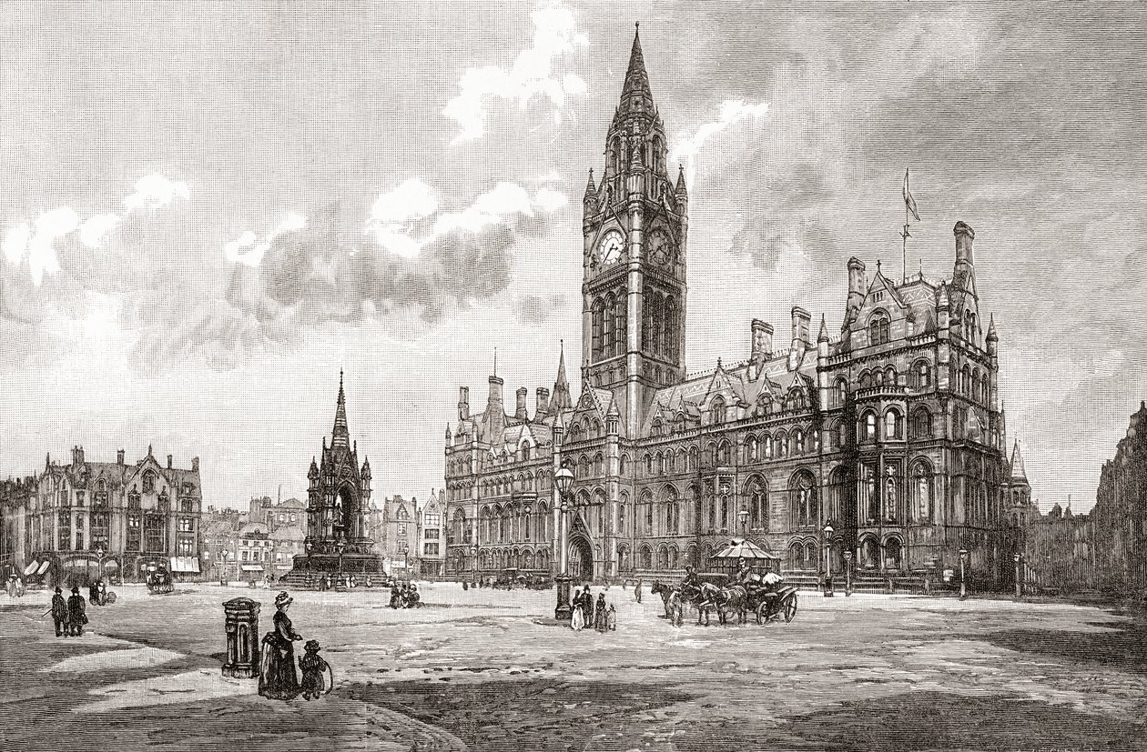 Kaupungintalo, Albert Square, Manchester, teoksesta "Cities of the World", julkaistu noin vuonna 1893 (vedos). tekijältä English School