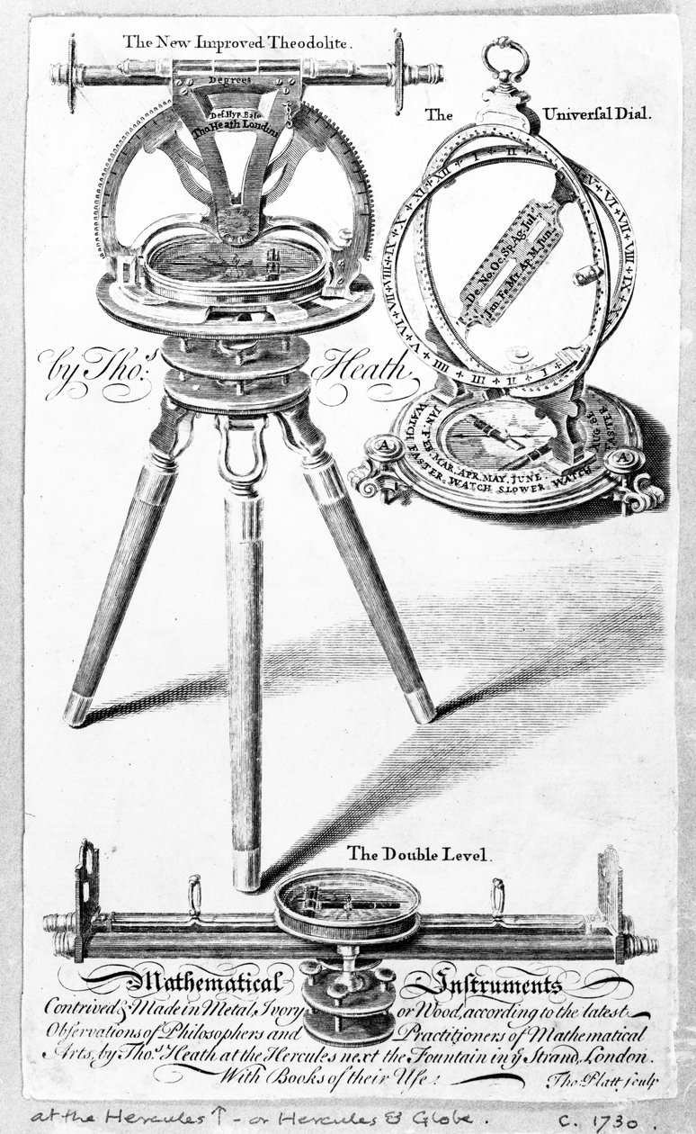 Kauppakortti Thomas Heathille, matemaattisten instrumenttien valmistajalle, Thomas Plattin painatus, n. 1730 tekijältä English School