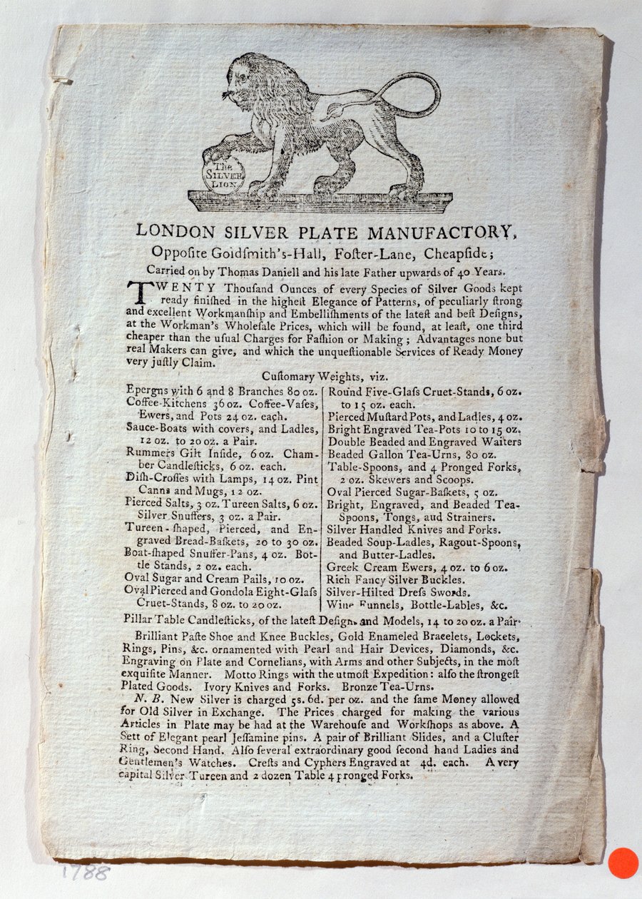 London Silver Plate Manufactoryn kauppakortti, 1788 tekijältä English School