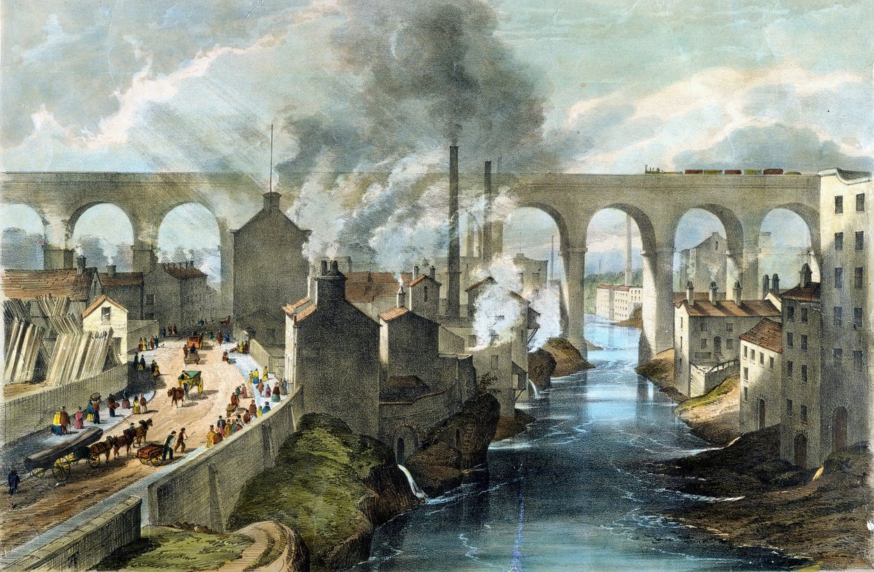 Juna ylittää Stockportin viaduktin Lontoon ja North Western Railwayn radalla, noin 1845 (värilitografia). tekijältä English School