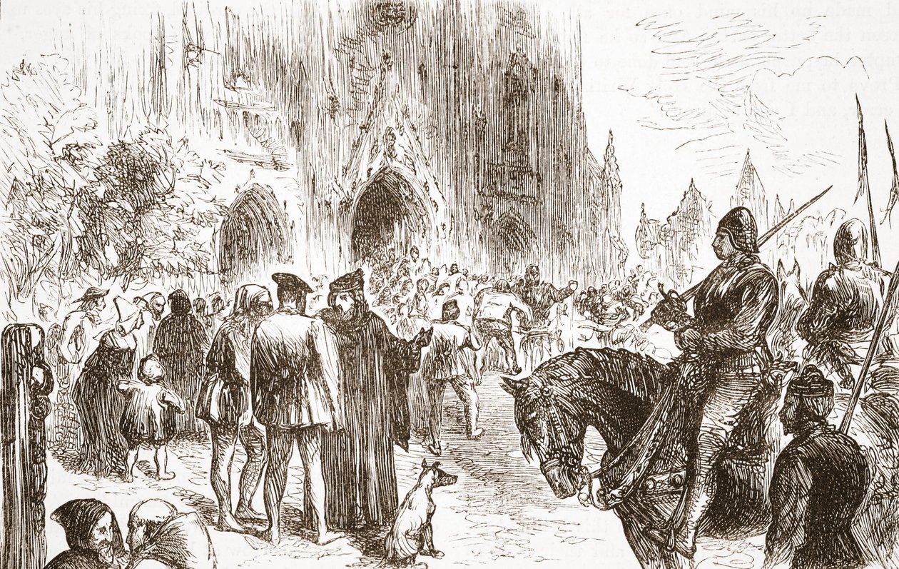 Jeromen oikeudenkäynti: tuomion odottaminen, kuvitus James Aitken Wylien (1808-1890) Protestantismin historiasta, pub. 1878 tekijältä English School