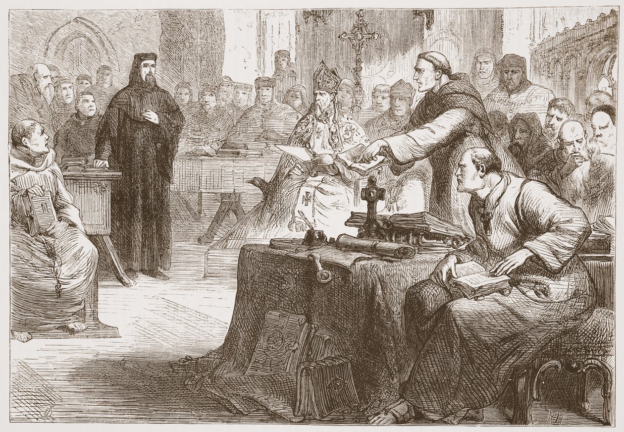 Wicliffen oikeudenkäynti, kuvitus James Aitken Wylien (1808-1890) teoksesta The History of Protestantism, pub. 1878 tekijältä English School