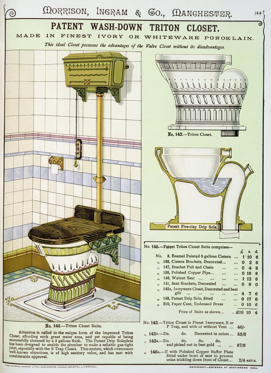 Triton Closet saniteettitavaraluettelosta, jonka on valmistanut Morrison, Ingram & Co., Manchester, julkaistu noin 1890 tekijältä English School