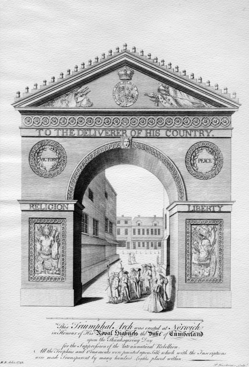 Riemukaari pystytettiin Norwichiin Cumberlandin herttuan kunniaksi, kaiverrettu Paul Fourdrinier, 1746 tekijältä English School