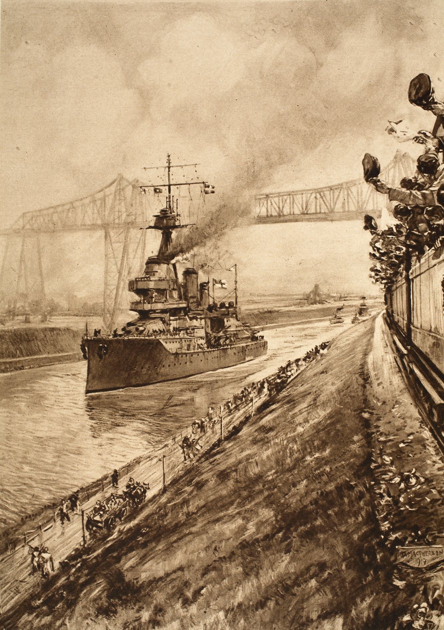 Voittotodistus Britannian merivoimien ylivallasta: H.M.S. Hercules kulkee Kielin kanavan läpi, 1914-1919 tekijältä English School