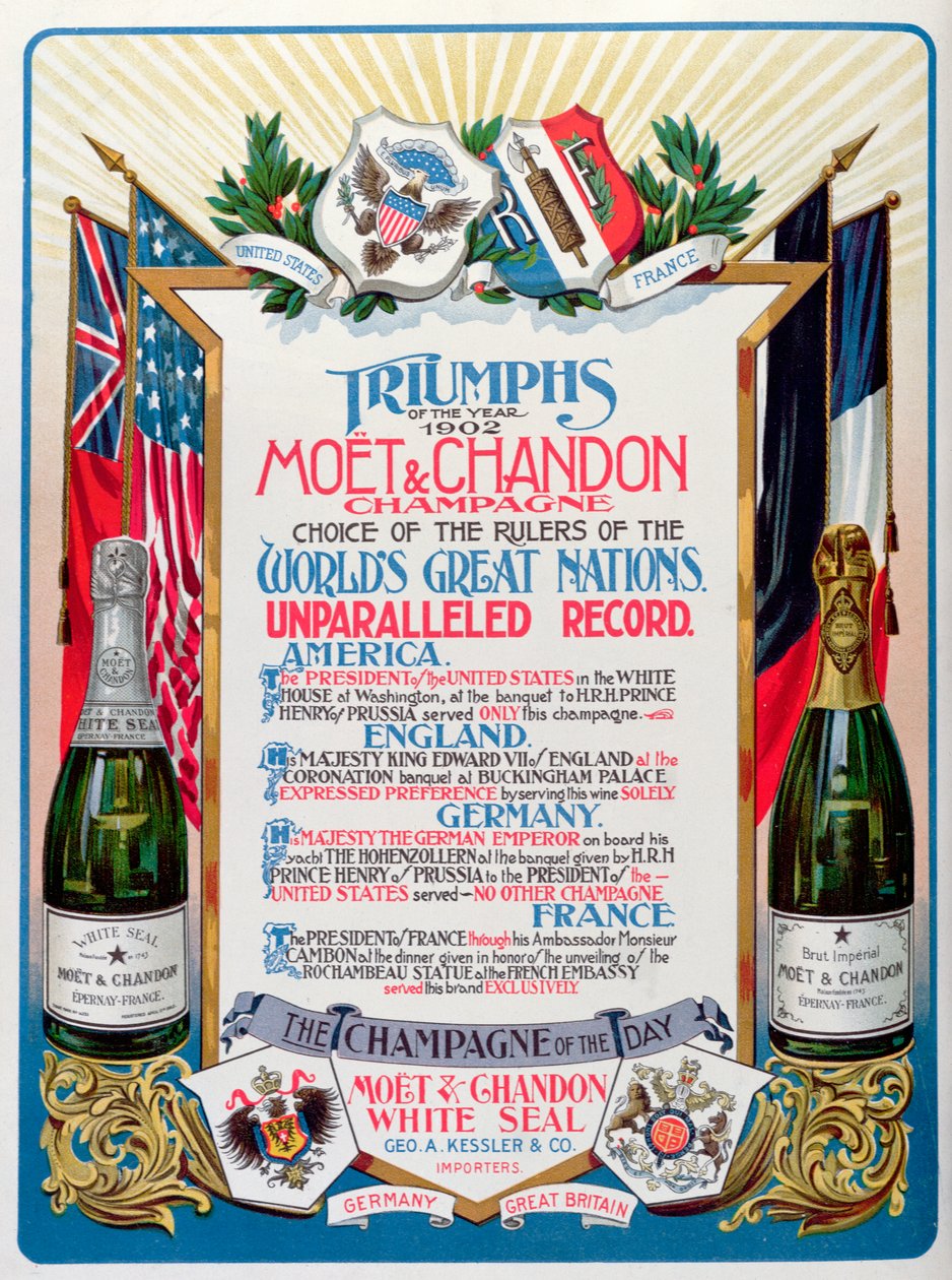 "Vuoden 1902 voitot, Moet  Chandon Champagne, maailman suurten kansojen hallitsijoiden valinta", mainos The Theatre -lehdessä. tekijältä English School