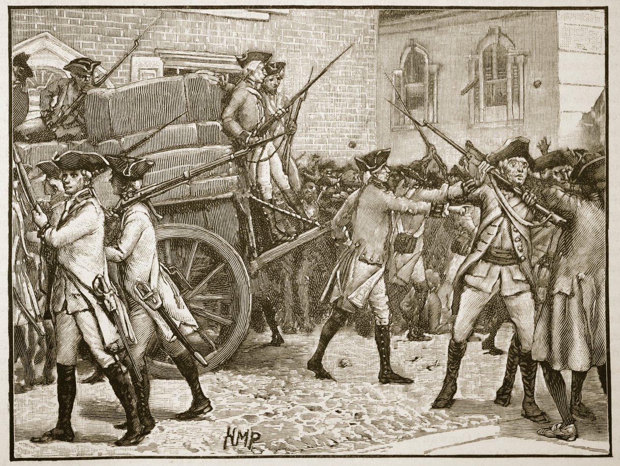 Joukot saattamassa leimattua paperia kaupungintalolle, New York, 1766, kuva Cassells Illustrated History of Englandista (seepiakuva) tekijältä English School